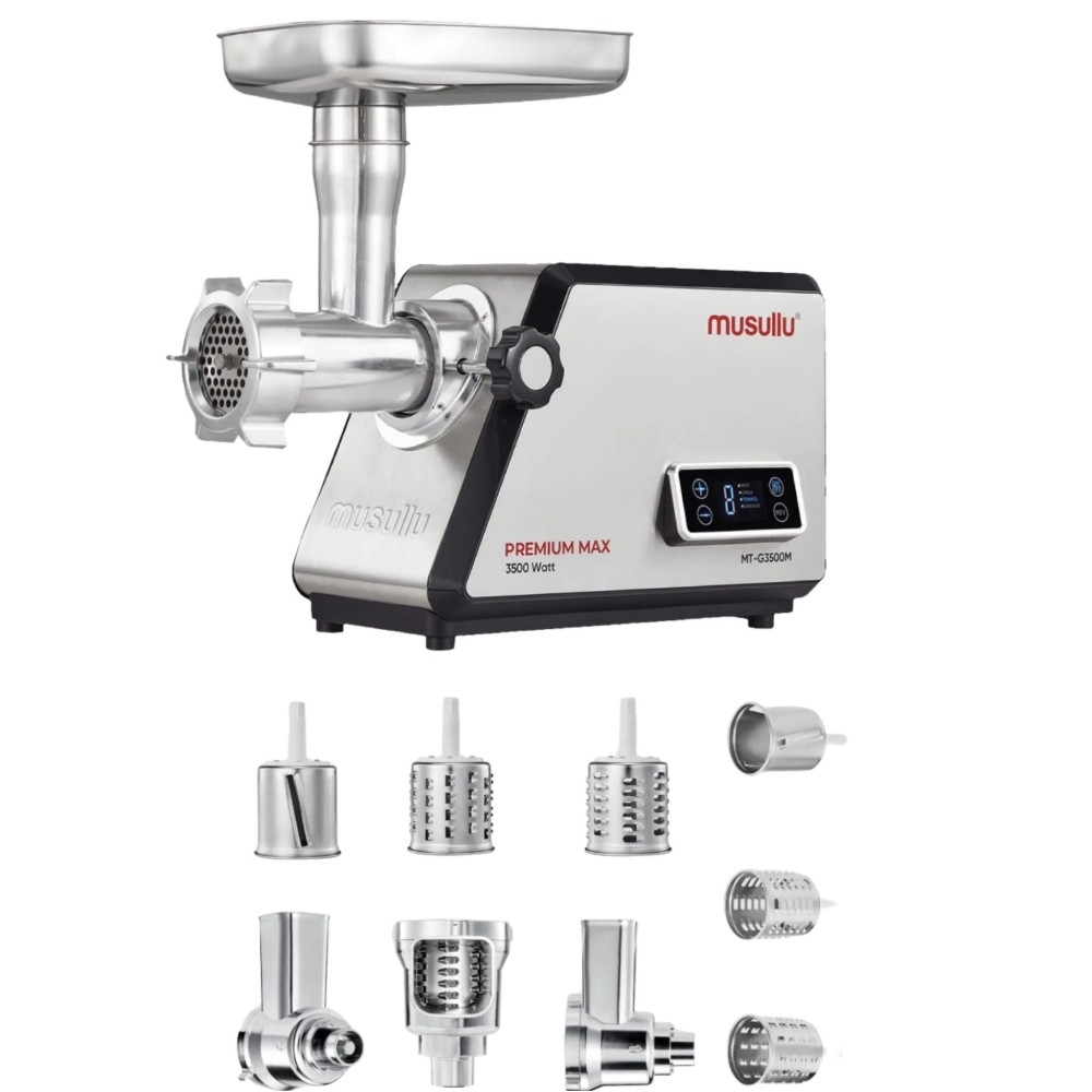 Musullu Premium Max 3500W Et Kıyma Makinesi – Dijital Ekranlı, Metal Dişlili, Rende ve Kıyma Aparatlı